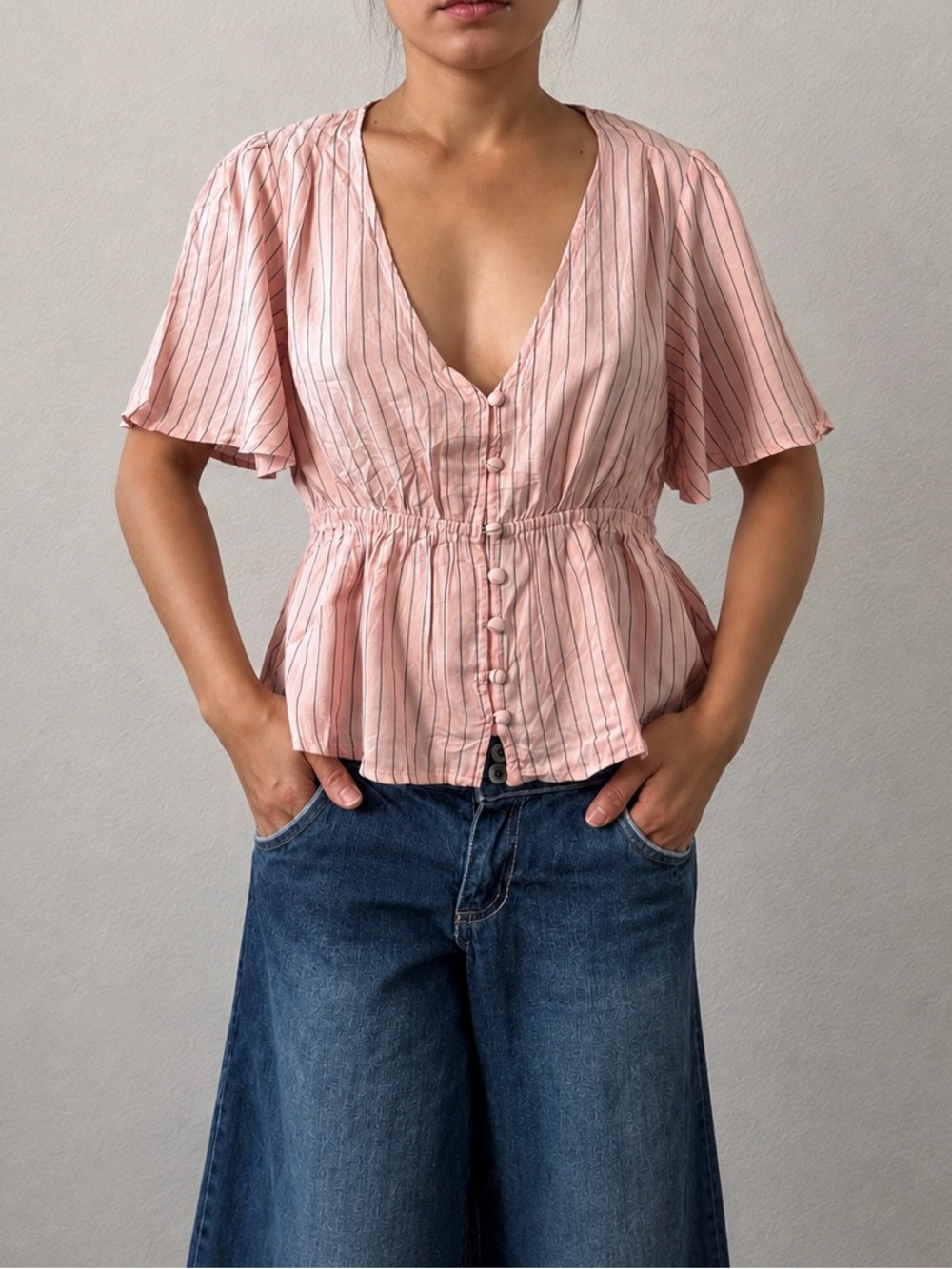 O'Neill Pink Striped Button-Front Peplum Blouse